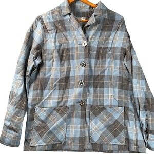 Pendleton Wool Plaid Shirt Jacket Womens Large Blue Grey Fair Condition Pockets